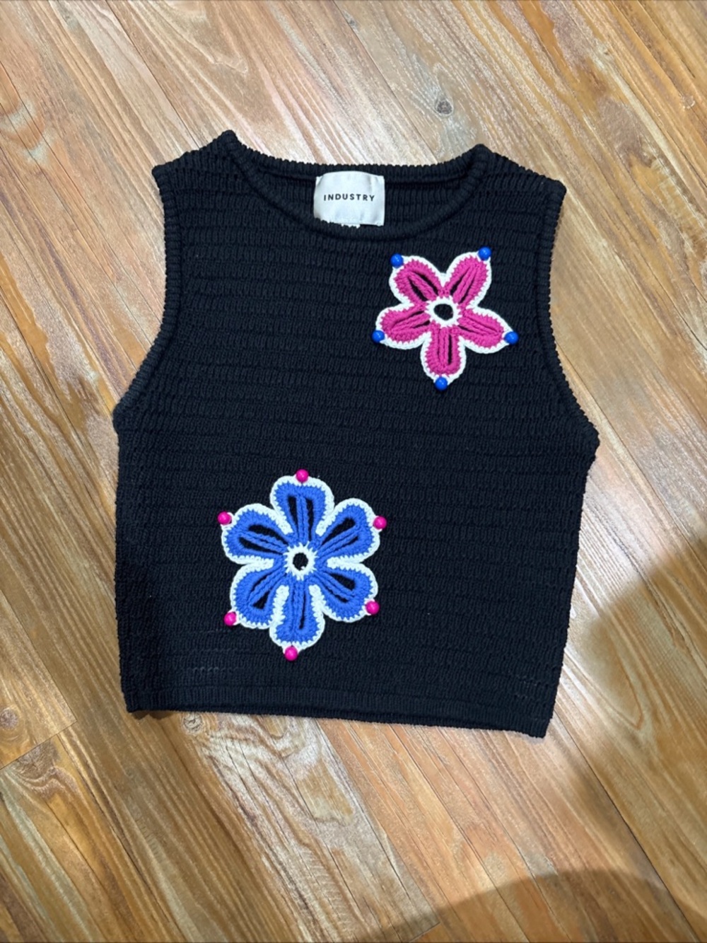 Industry Black Knit Crop Tank Colorful Crochet Flower Appliqué Y2K Top Sz Small